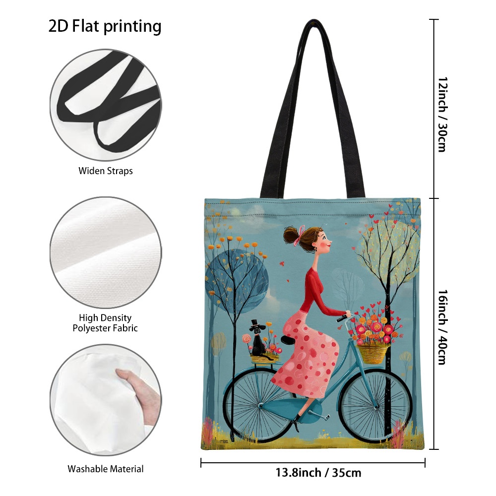 TEMU 1pc Spring Ride With Flowers Pattern Spacious Tote Bag - Reusable Grocery Bags With Vibrant 2d Print, Durable Shoulder Handbag For Shopping,