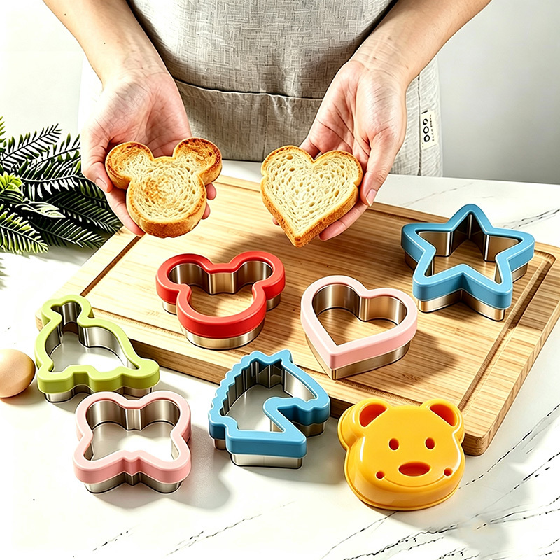 TEMU 7 cortadores y moldes para sándwich, cortadores de galletas reutilizables - Duraderos y fáciles de limpiar, guantes seguros, cortadores de masa