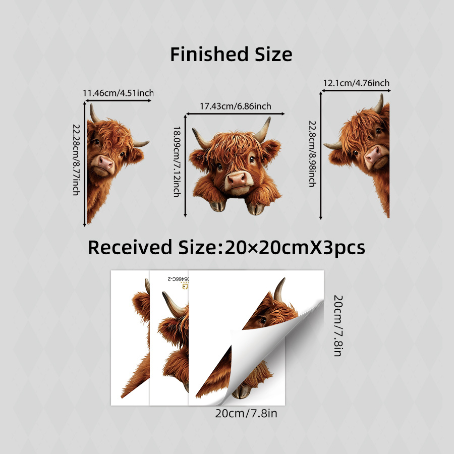TEMU 3pcs/set Cute Scottish Bull Window Stickers, Highland Cow Peeking Decals, Removable No Glue Needed Funny Animal Static Cling For Home Or Kids