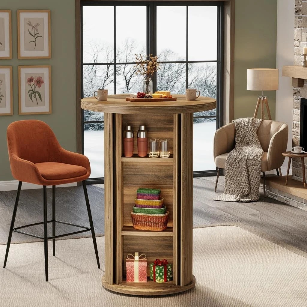 Round Bar Table, 35.4" Rustic Cocktail Table With 3-tier Hidden Storage Shelves, Bistro Wood High Top Pub Unit With Slide Door For Small Spaces, Kitchen, Parties, Brown (1)