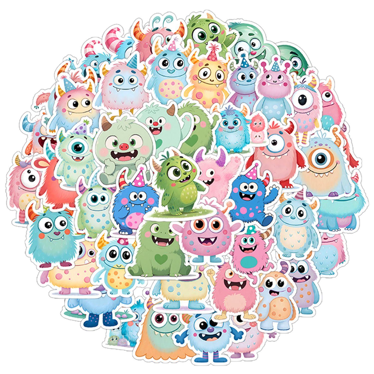 Image of 50pcs Cute Monster Cartoon Decals | Graffiti Stickers For Suitcase, Water Bottle, Skateboard, Luggage, Helmet - Self-adhesive, Mixed Color, Paper Material
