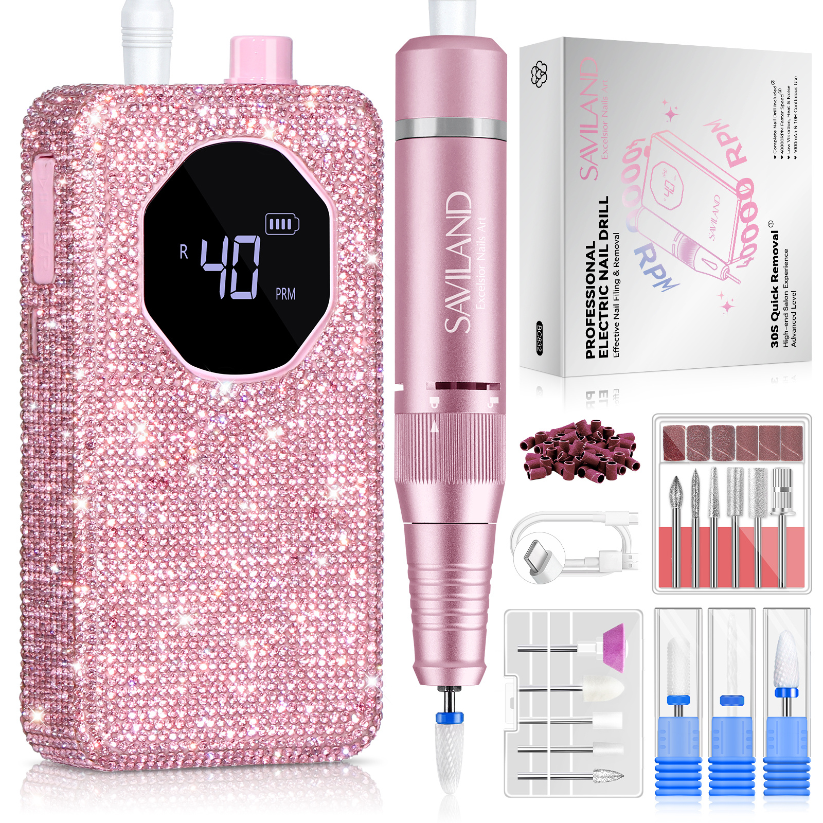 SAVILAND Professional Nail Drill 40,000 RPM – Rechargeable Electric Nail File Kit with 4000mAh Battery, LCD Display, Ceramic Drill Bits & Sanding Bands for Acrylic & Gel Nails — Zaynora Luxury Marketplace