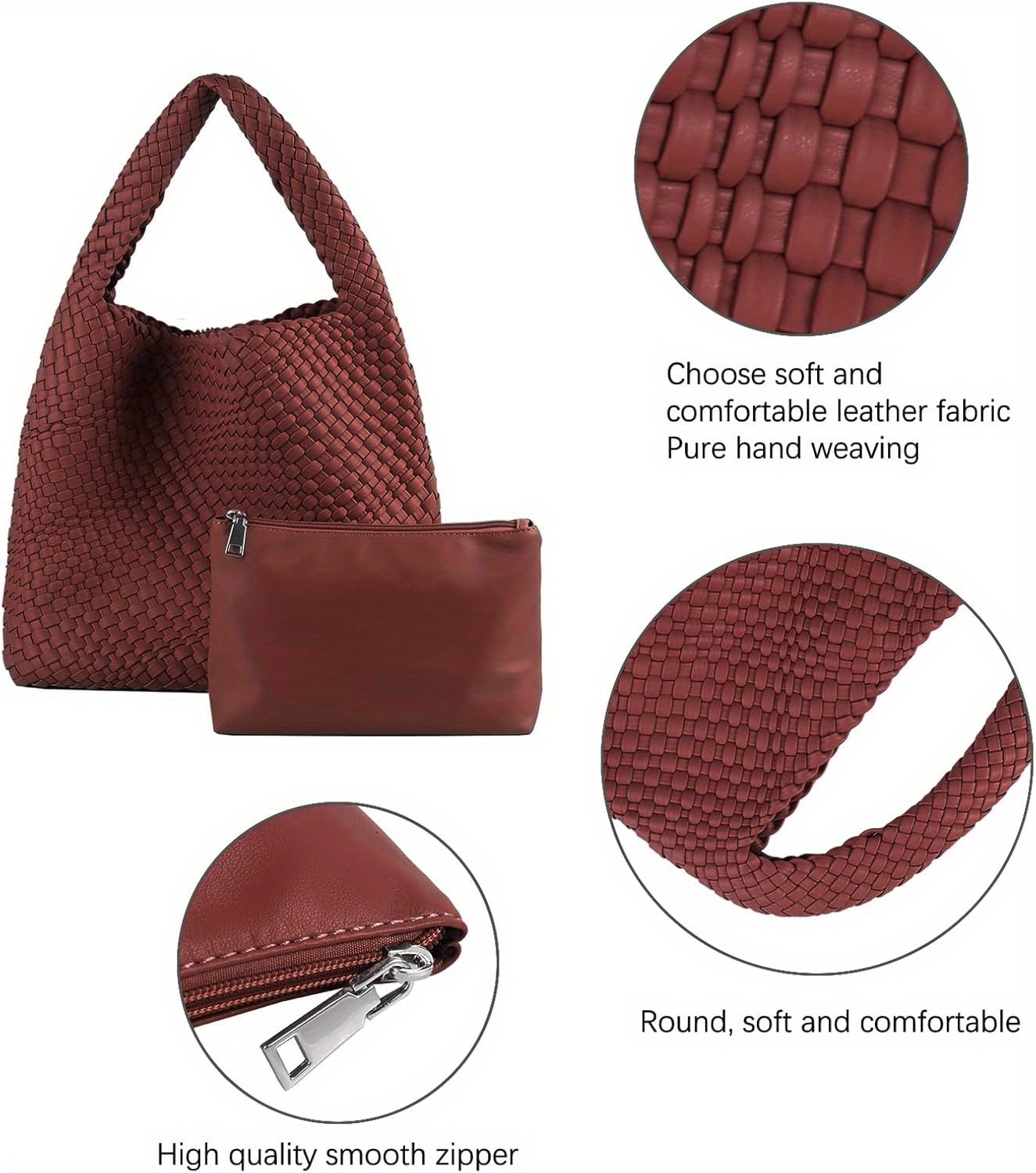 Women's Vegan Leather Hand Woven Tote Bag with Detachable Pouch - White Textured Shoulder Satchel, Zipper Closure & Reinforced Edges for Travel, Beach, Work & Casual Outings, Beach Carryall, Minimalist Design, Durable Nylon, Underarm Satchel, Travel Accessory