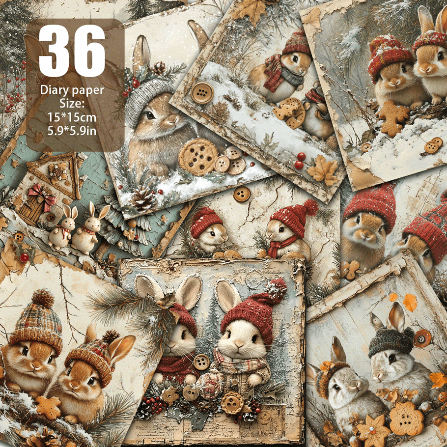 TEMU 36 Non-repetitive Vintage Christmas Paper Bunny Sweater Hat Scrapbook Paper, Decorative Paper, Material Paper Suitable For Handmade Christmas