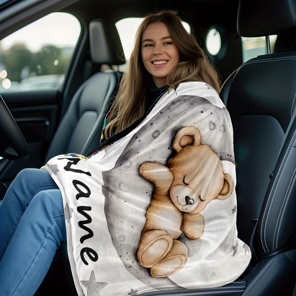 Custom Name Cute Bear Blanket, Portable Lightweight Flannel
