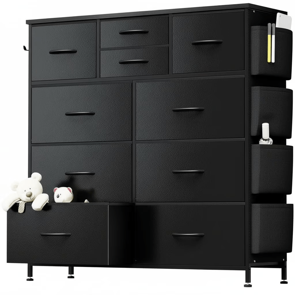 10-Drawer Storage Cabinet with Side Pockets | Wardrobe Organizer Boxes, Suitable for Bedrooms, Entryways, Living Rooms, Black, Contemporary Style, Hardwood and Particle Board Material, OLIXIS Brand - Image 3