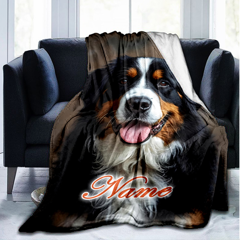 TEMU 1pc Personalized Bernese Portrait Blanket, Suitable For Outdoor Use, Bed, Or As A Throw. Flannel Material, Perfect For . Great As A Birthday Or