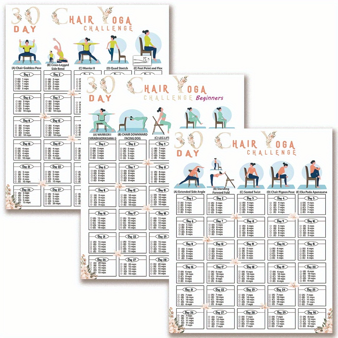 

3pcs 30-day Chair Yoga Workout Posters - Frameless, Easy-to- Fitness & Yoga Practice Guide For Beginners, 8x10 Inches, Poses And Exercises