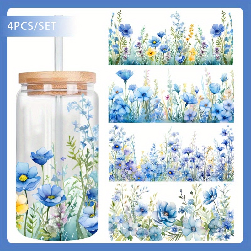 Image of Set Of 4 Blue Uv Dtf Vinyl Sheets, Waterproof Transfer Paper For 16 Oz Glass Jars, , High-quality Decorative Paper