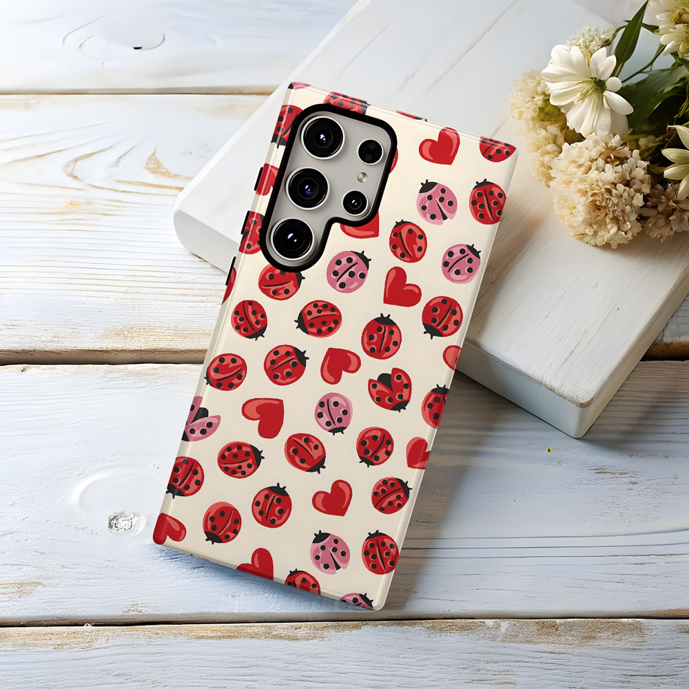 TEMU Beetles Red Heart Pattern Insect Cute Chic -one Film Case - Tough, Dual Layered Case For Protection - For Galaxy S25/s25 Plus/s25 Ultra/s24/s24