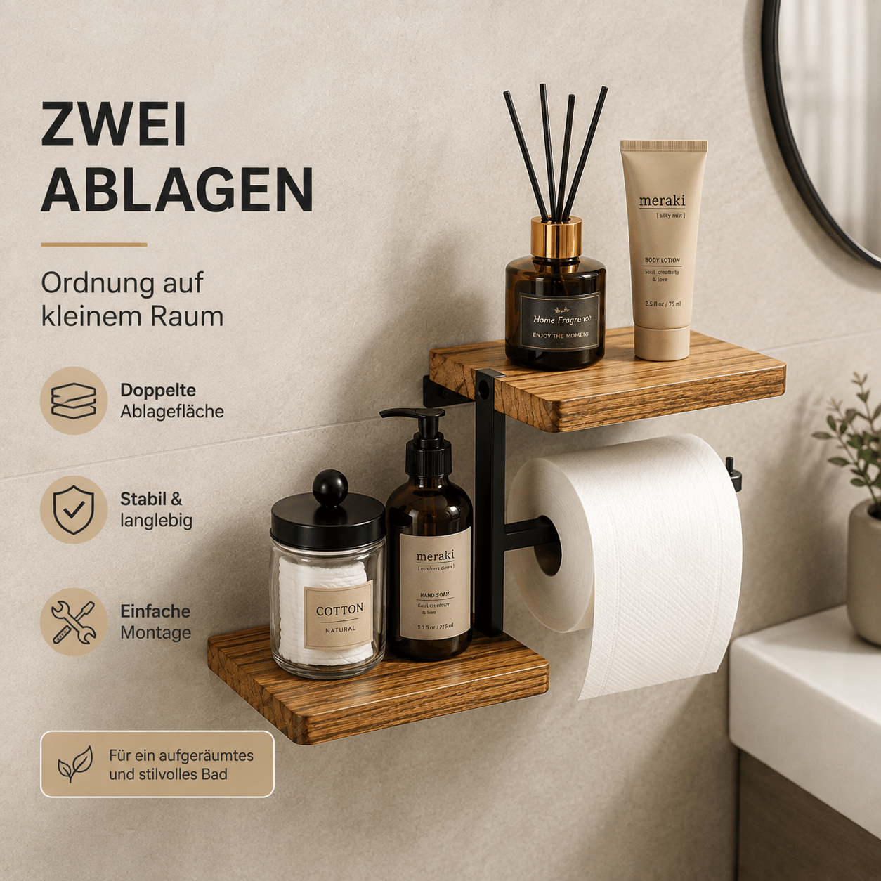 TEMU Distributeur de papier toilette mural avec 2 étagères en bois, support de papier toilette avec étagère et support en métal, distributeur de