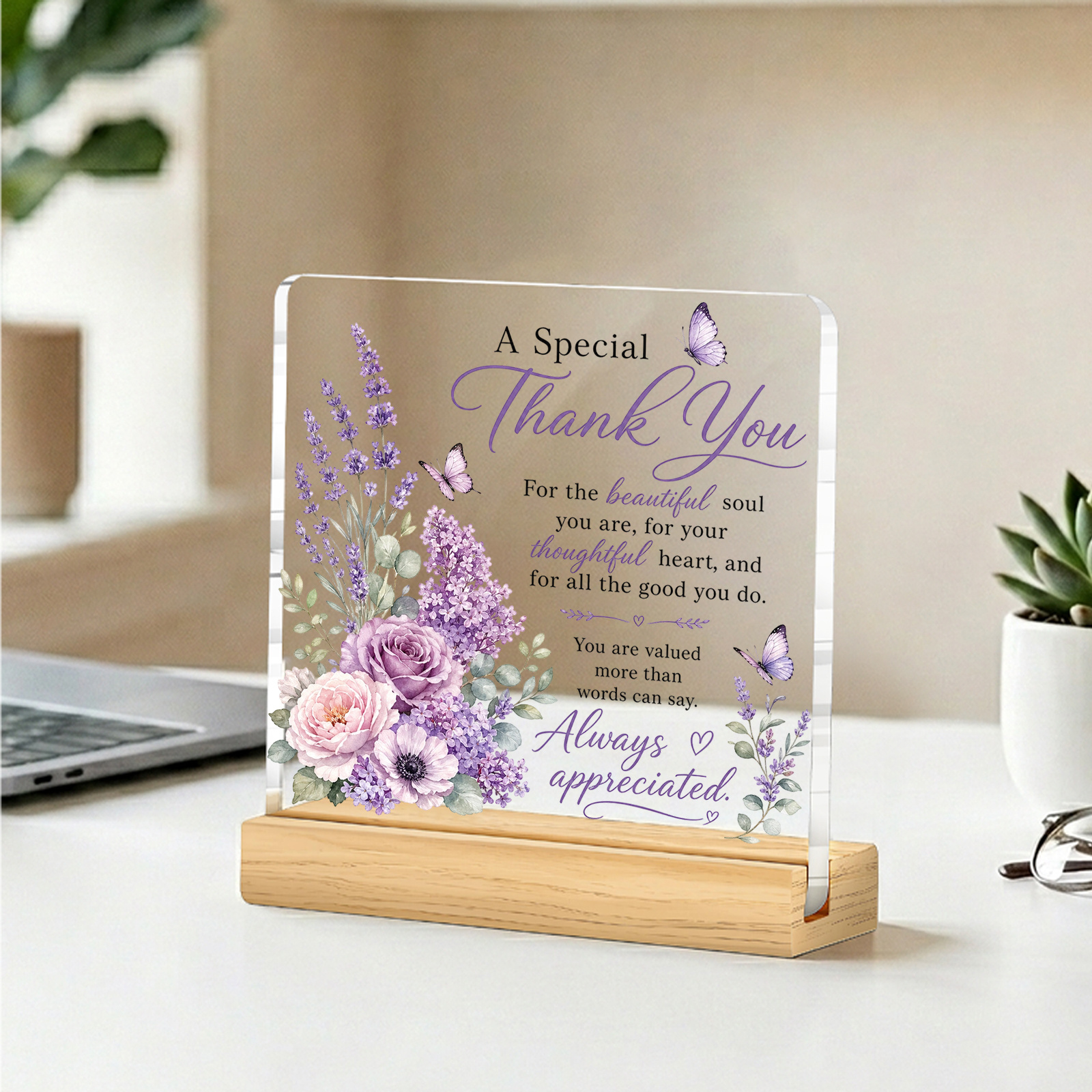 TEMU 2d Flat 1pc Purple Floral Acrylic Plaque With Wooden Base Special Thank You Gratitude Quote Tabletop Decoration Thank You Gift For Colleagues
