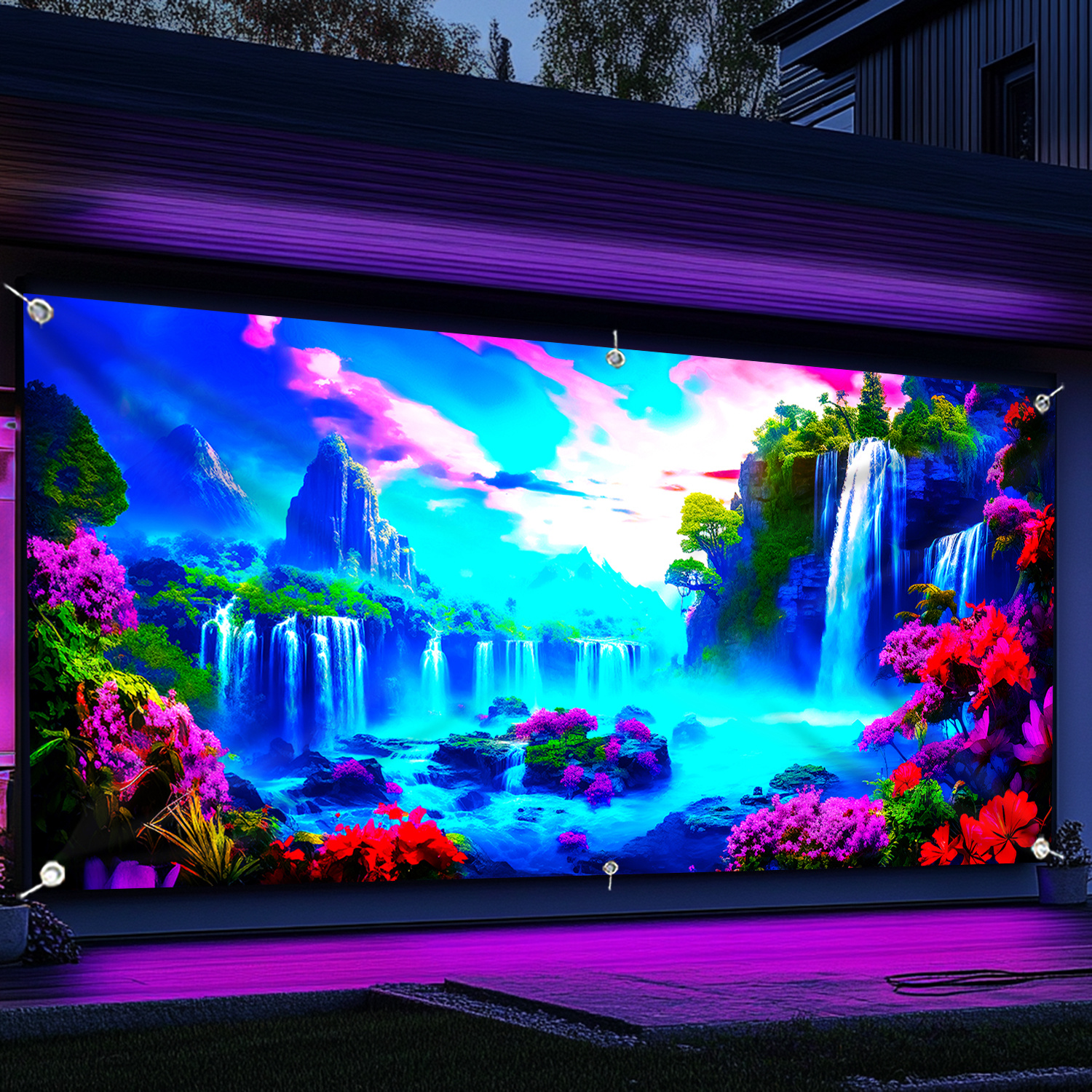 [1pc UV Floral Banner] 1pc Large UV-Activated Floral Waterfall Garage Door Banner | Fluorescent Fabric Wall Decor with Vibrant Nature & Landscape Design | No Power Needed for Parties, Photography Studios, Outdoor Events, Parties Decorations, Party Decoration, Outdoor Festive Decor, Uv Light Display