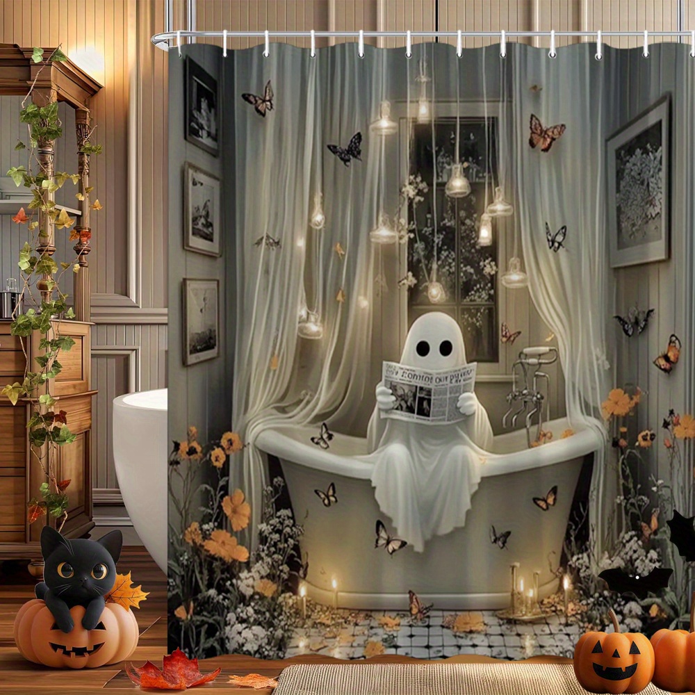 TEMU 2d Flat, 1pc Reading Shower Curtain With Hooks - Elegant, Butterflies & Flowers Bathroom Decor Suitable For Bath Tub, Room,, Spa - Curtain With