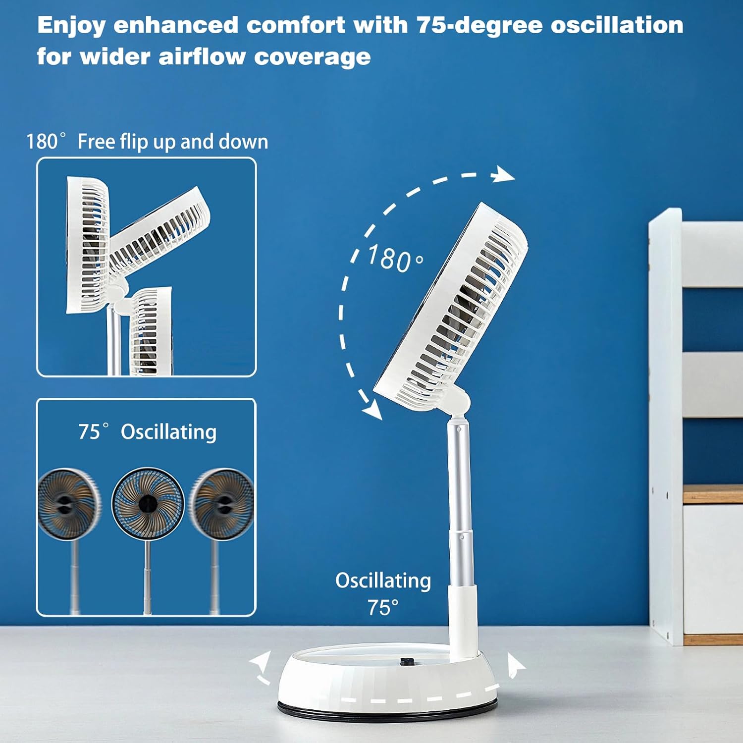 Foldable Rechargeable Oscillating Fan 20.32cm 7200Mah Battery Operated Small Fan, Quiet Table Standing Pedestal Fans for Bedroom Office Camping Travel (White Body And Black Front Grille)