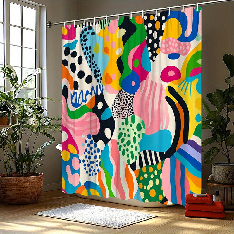 TEMU Rideau de Douche Tourbillons Abstraits | Décor de Salle de Bain en Polyester Multicolore | Motif Dynamique avec 12 Crochets | Lavable en Machine
