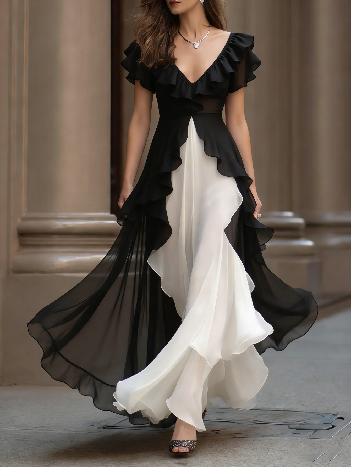Black-and-White Contrast * V-Neck Maxi Dress for Women