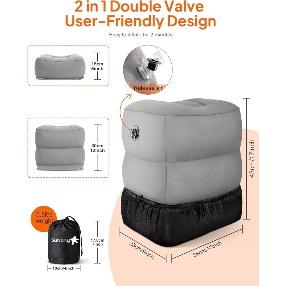 Inflatable Footstool, Height Adjustable. Suitable For Airplanes, Cars, Trains, Offices, Living Rooms, And Bedrooms. Includes -tier Adjustable Footstool And A Storage Bag. Gray