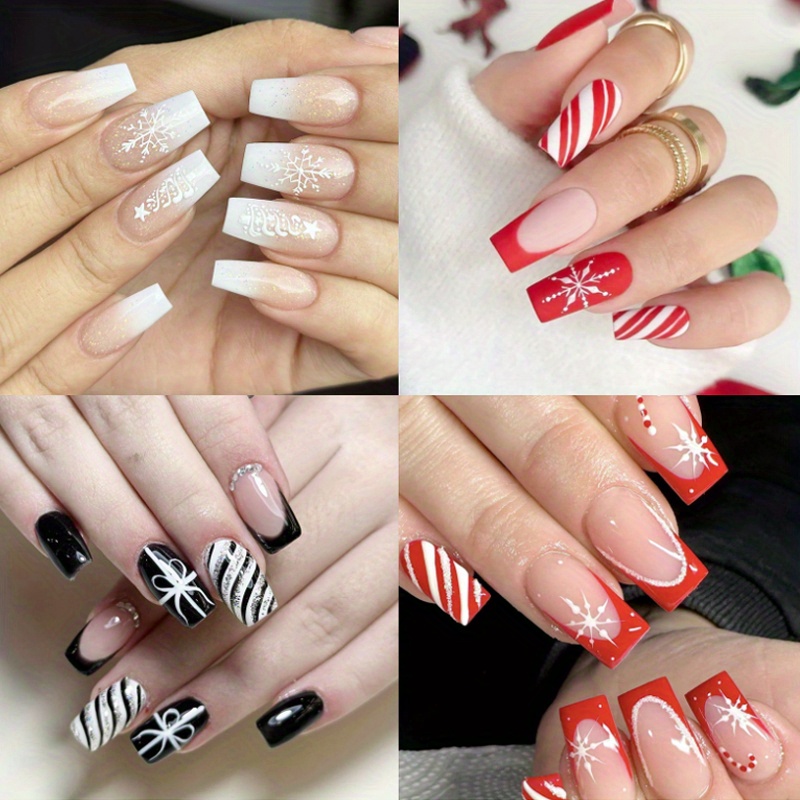 

[96pcs Christmas Press On Nails Set] 96pcs Christmas Press On Nails Set, , Medium Length, Acrylic, With , Striped, And , Red, Black, And White Tones, For False Nails With Glue