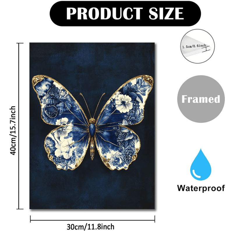 TEMU Elegante Delfts Blauwe Vlinder Canvas Kunst met Gouden Accenten - Symmetrisch Bloemenvlinder Ontwerp, Ingelijst Canvas, 30x40 cm, Perfect voor
