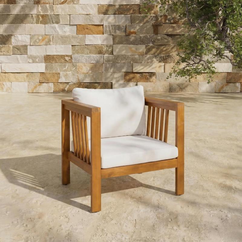 Outdoor Acacia Wood Club Chair with Modern Square Arms, Patio Chair with Thick Cushion, Adjustable Leveling Feet for Poolside, Backyard And Deck, Beige Cushion