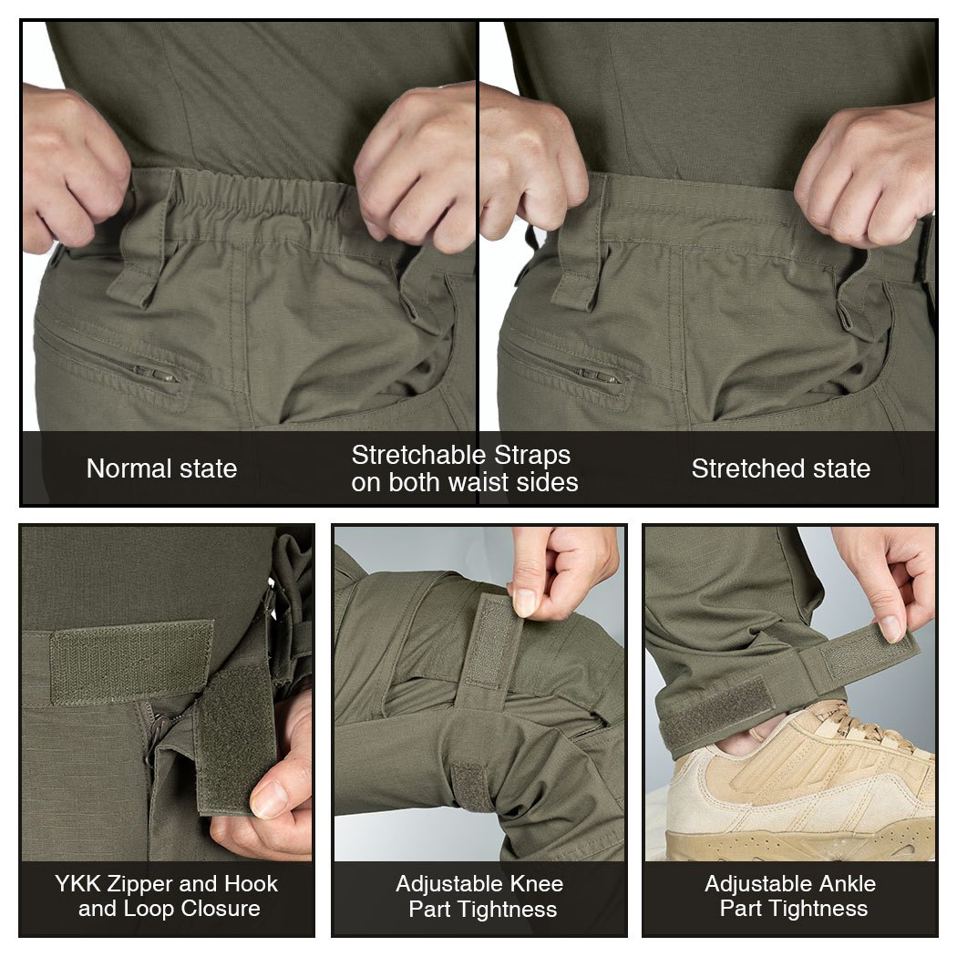 IDOGEAR Men's Tactical Combat Pants with Hidden Knee Pads - Camo Ripstop Outdoor Trousers, Multi-Pocket Design, Elastic Waist & 50% Blend for Hunting, Fishing, Airsoft (S-XXL), Airsoft Gear, Rugged Design, Flexible Comfort