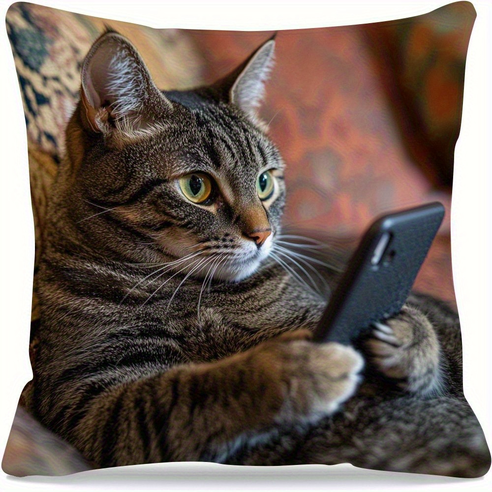 TEMU 1pc Cat Using Smartphone Theme Pillowcase, Soft And Comfortable Polyester Fleece Fabric, Single-sided Print, Does Not Include Pillow Insert,