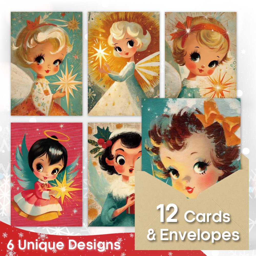 TEMU (12 Greeting Cards + 12 Envelopes) Retro Mid Century Kitsch Christmas Cards With Envelopes, Funny Christmas Card Pack, Perfect For Greetings &