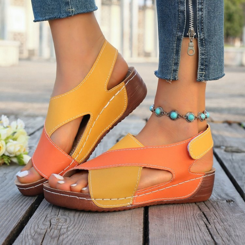 2026 new womens plus size wedge sandals color block open toe roman shoes comfortable soft sole summer sandals women shoes