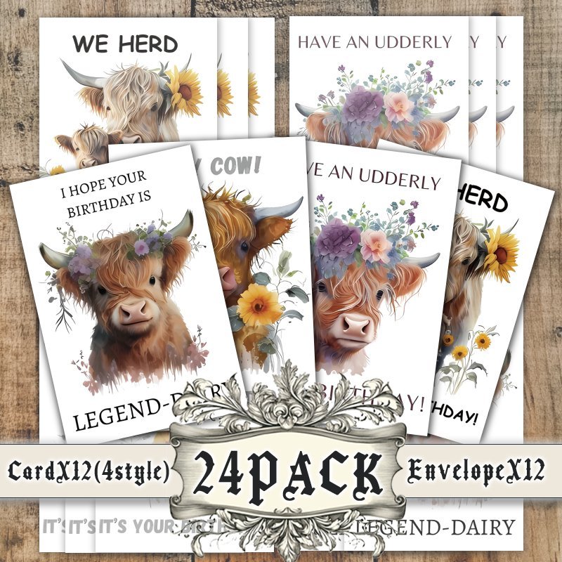 

24pcs Highland Cow Birthday Cards With Envelopes - Unique & Funny Themed Greeting Cards For Family, Friends, And Coworkers