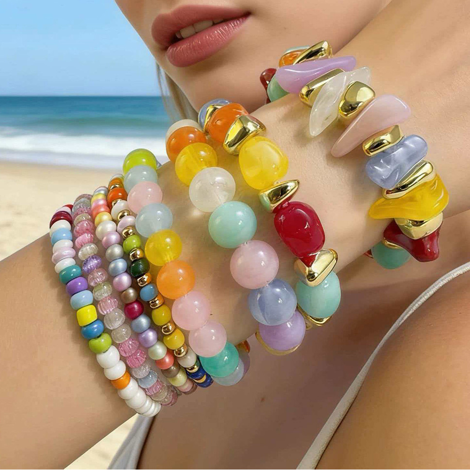 TEMU 8 Bohemian Elegant Colored Irregular Beaded Bracelet Set With Multi Layer Stackable Elastic Rope Bracelet Suitable For Women's Matching, Ideal