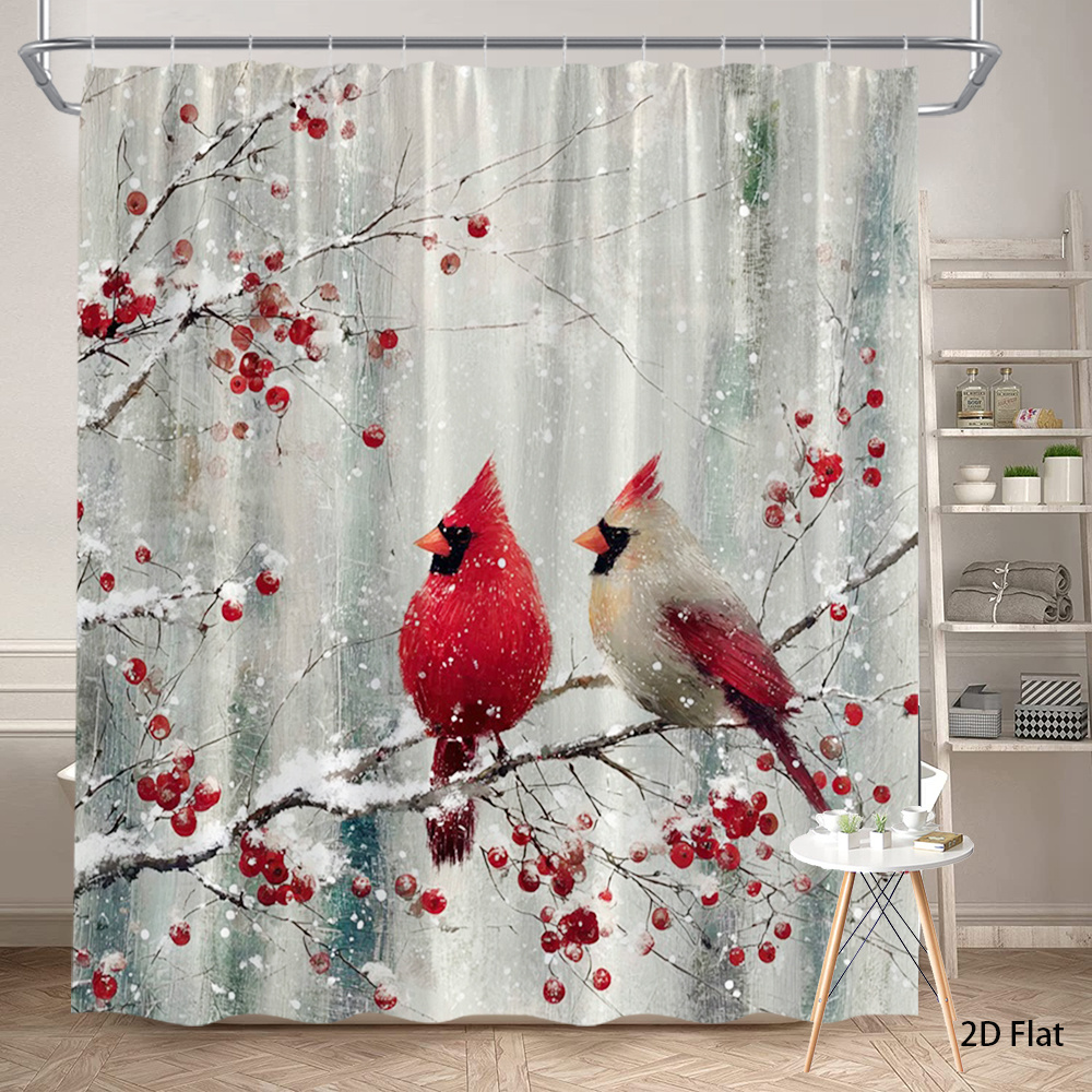 2d Flat, 2d Flat, 1pc A 2d Flat Winter-themed Shower Curtain Featuring Red And Gray On Snowy Branches With Red Berries. Made From Polyester Fabric