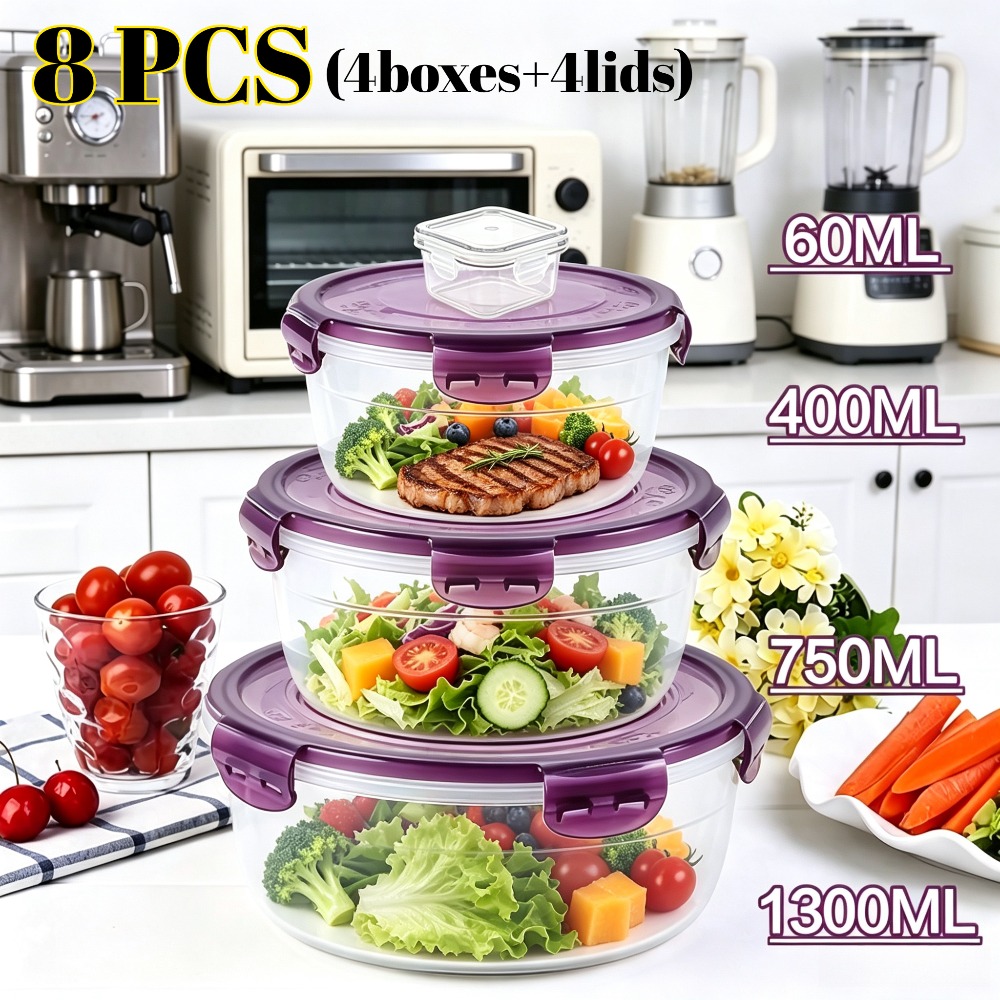 TEMU Ensemble de 8 pièces (4 récipients et 4 couvercles) Contenants de conservation des aliments violets et transparents, Organisateur de cuisine,