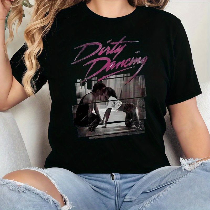 

T-shirt pour femmes imprimé avec danse, design de police , motif tendance de mode, col rond, tenue à manches courtes, cadeaux d'anniversaire, d',