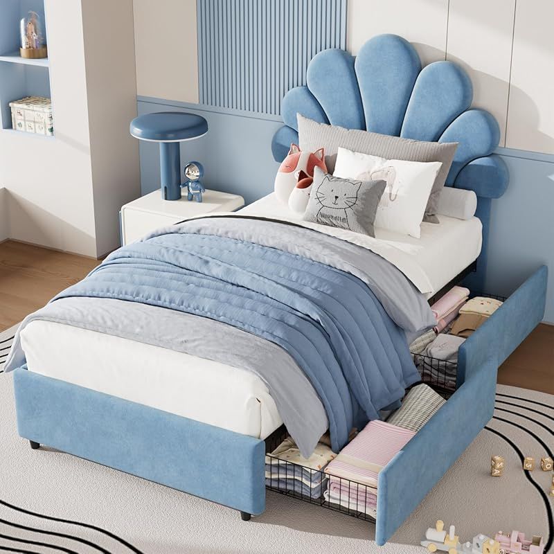 Twin Size Bed Frame for Bedroom - Platform Bed with Headboard, 2 Storage Drawers, Slat Support, No Box Spring Needed, Easy Assembly(Bed Frame Only)