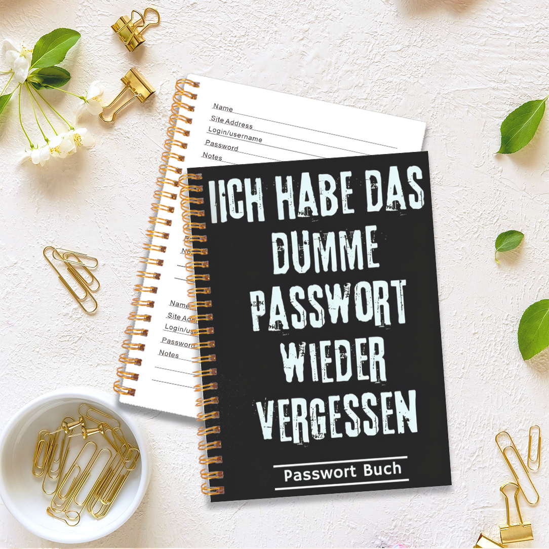 E-shop 70-seitiges spiralgebundenes deutsches Passwortbuch - Zweisprachiges Passwort-Logbuch, schwarzer und weißer Text, für