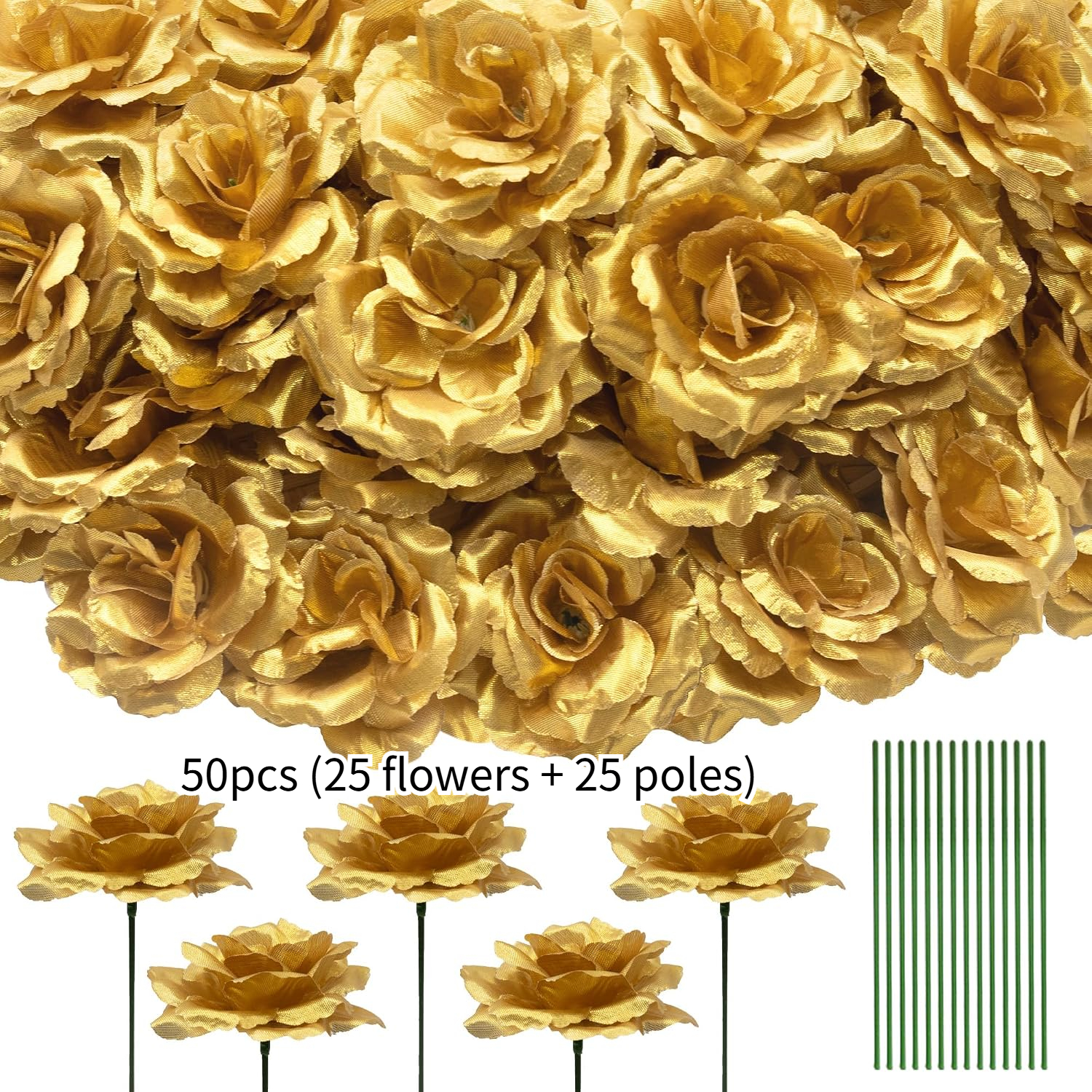 TEMU 50pcs - (Inclut 25 Fleurs et 25 Tiges) Ensemble de Têtes de Roses Artificielles Multicolores avec Tiges, Matériaux de Décoration Florale, Ajouts