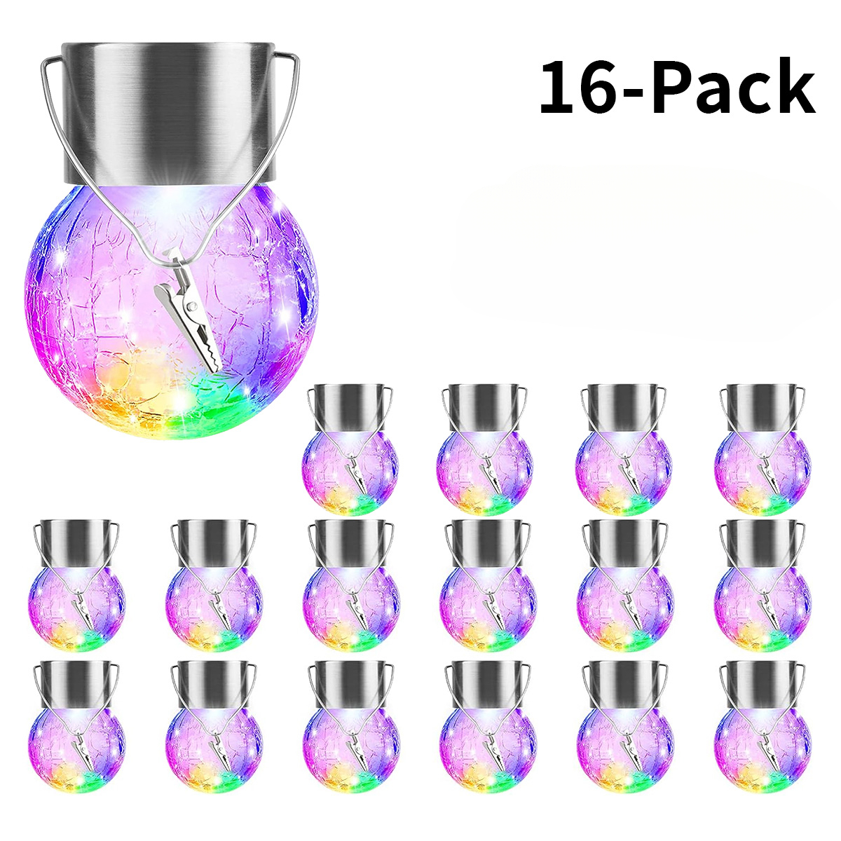 TEMU 16pcs Solar-powered Hanging Lights, Waterproof Cracked Ball Lanterns With Handle& Clip, Multicolor Gradient Led Lights, 12-hour , Solar Lights