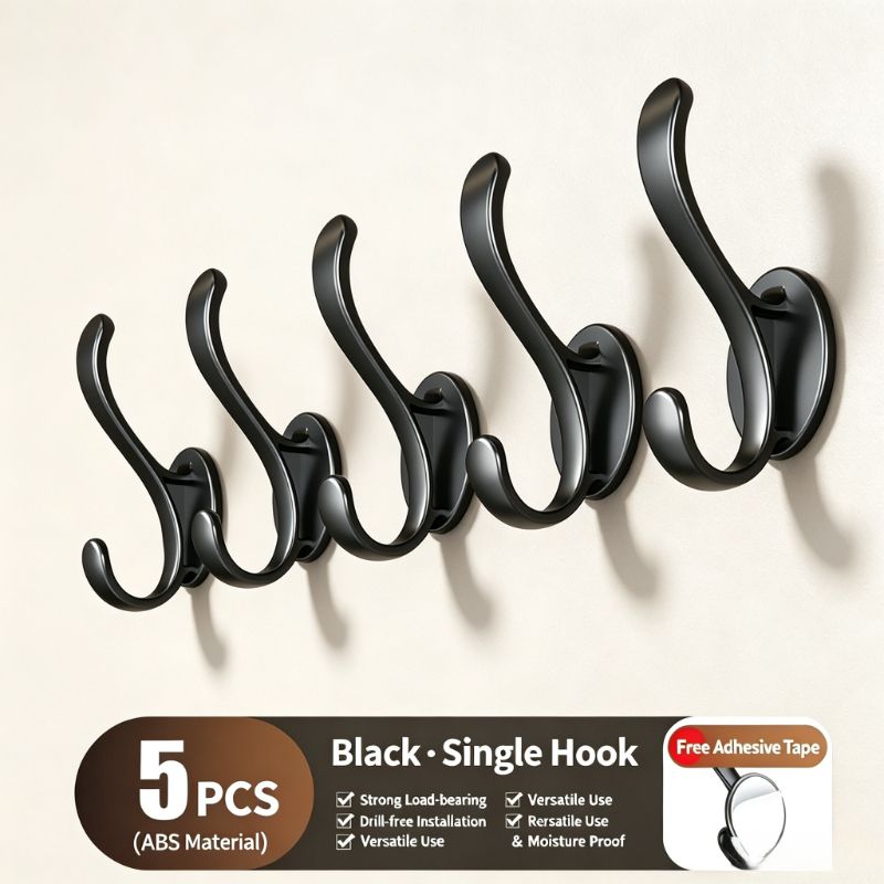 TEMU 5-pack No-drill Wall Mounted Coat Hooks, Self-adhesive Abs Plastic Clothes Hooks, Heavy-duty Sticky Hanging Hooks For Entryway Closet Wardrobe