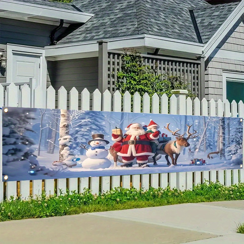 TEMU 1 pièce, Noël, hiver avec Père Noël, de neige et - Bannière décorative en polyester à pour clôture, décoration extérieure pour pelouse et mur,