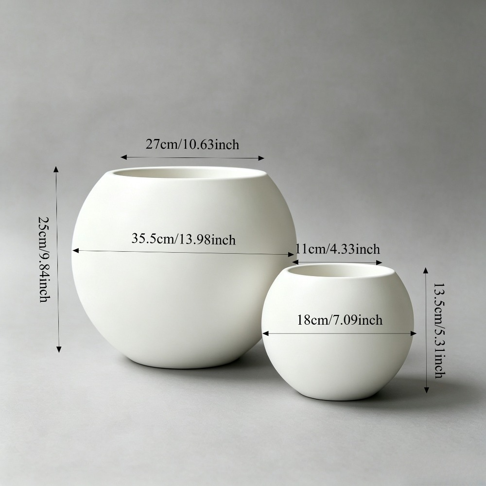 2pcs Set of Light Luxury Matte White Spherical Floor Planters, American Vintage Style for High-End Clubhouse and Villa Interior Soft Decor, Suitable for Indoor and Outdoor Use, Large Potted Plants for Living Rooms/Entryways/Offices