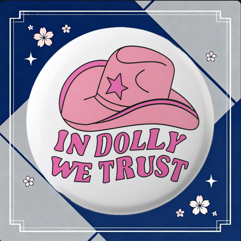 TEMU 2d Flat, 2d Flat Round Printed Badge With 2d Flat Style Cute Pink Cowboy Hat Design Featuring Star Emblem Perfect For Gifts Decorations And