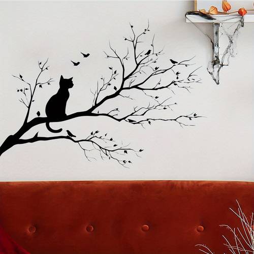 wall sticker black and white cat branch bird silhouette pattern wallpaper home decor decal for living room bedroom dining room study entrance hallway pvc material self removable 1pc 39 64cm