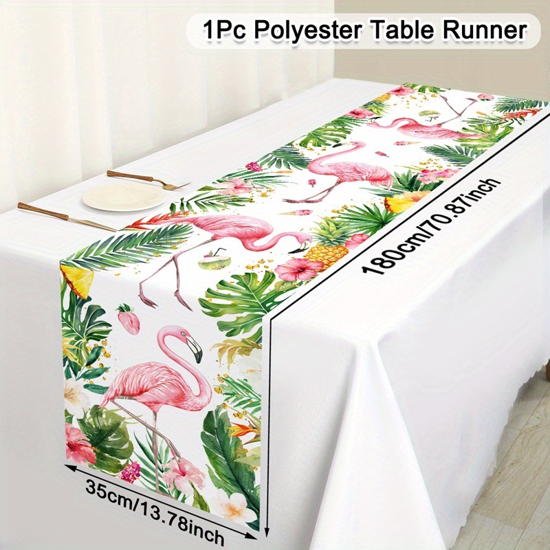 Image of 1pc Flamingo Table Runner - Tropical Monstera & Hibiscus Print Fabric, Luau Party Decor For Beach Events, Outdoor Dining, Bar Arrangements