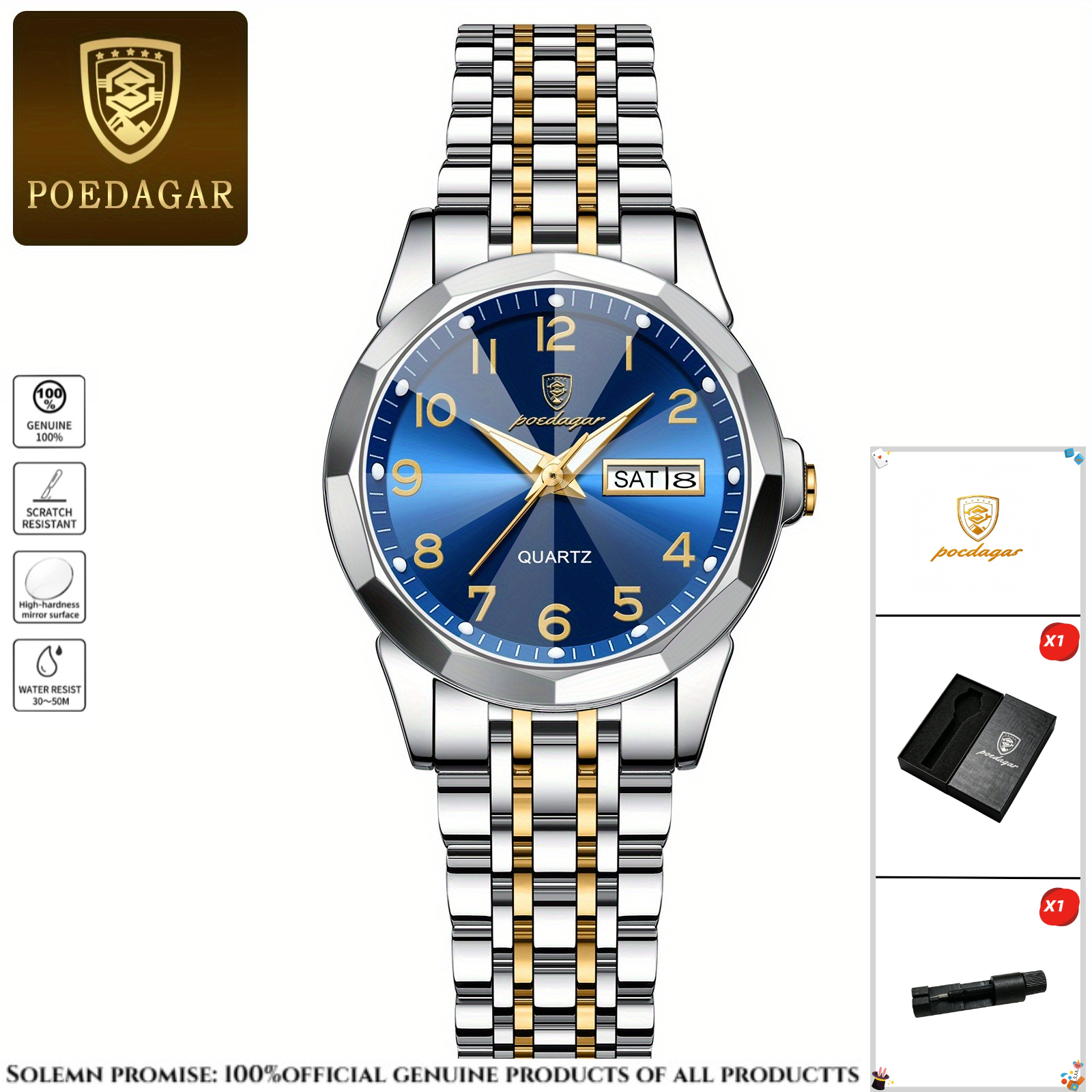 Image of Poedagar Women's Elegant Style Stainless Steel Strap Quartz Watch, Date Calendar Display, 3atm Daily