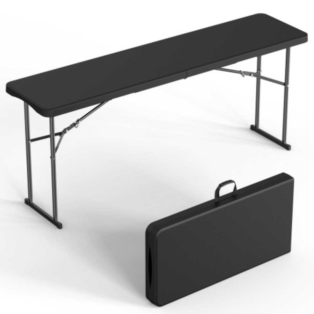 TEMU 6ft Narrow Folding Table, Heavy Duty Fold-in-half Plastic Long Table, Portable Foldable Table With Carrying Handle For Indoor Outdoor Meeting,
