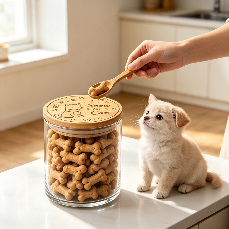 Custom Laser Engraved Glass Pet Treat Jar with Bamboo Airtight Lid
