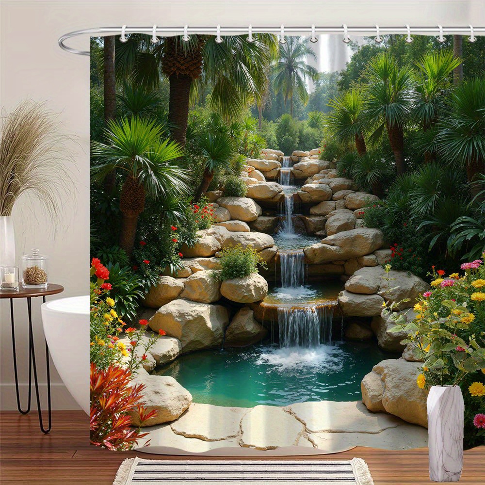 TEMU 1pc Tropical Shower Curtain With Stone Waterfall, Vibrant Flowers & Palm Trees – Bathroom Decor, Polyester Fabric, 70x70 Inches, Includes 12