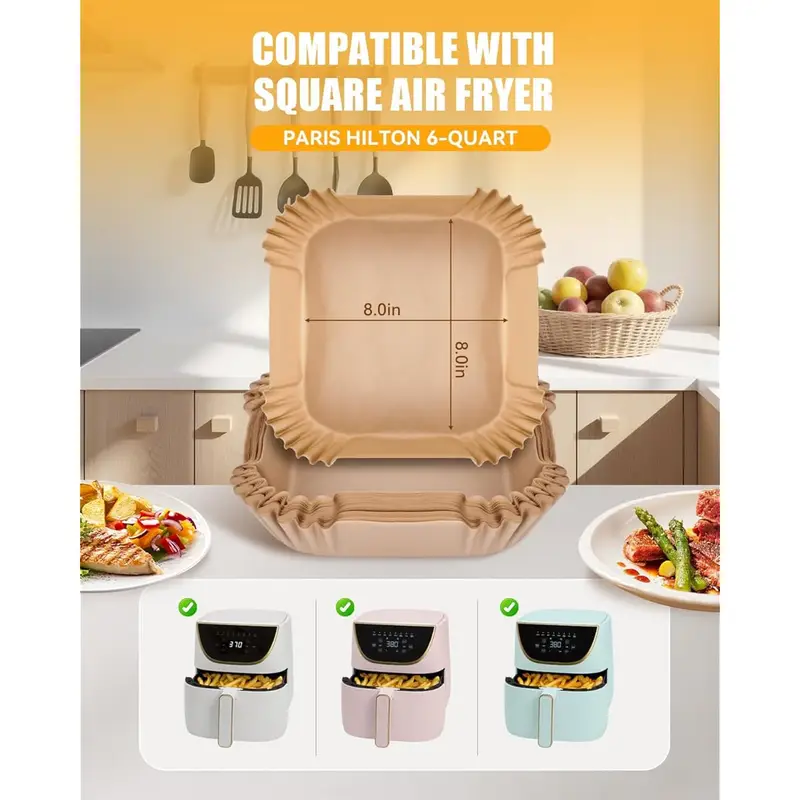130pcs nonstick air fryer liners for 6-quart & 8-inch fryer - food grade disposable parchment paper baking inserts, bleach-free, easy , compatible with square air fryer, kitchen & restaurant use, air fryer accessories, kitchen essentials, easy liners, durable kitchenware, fryer basket liners & bags Product details 1