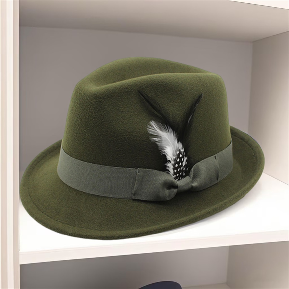 Olive Green Wide Brim Hat with Feather Accent Olive Green Wool Wide Brim Feathers Hat | eBay main image 4